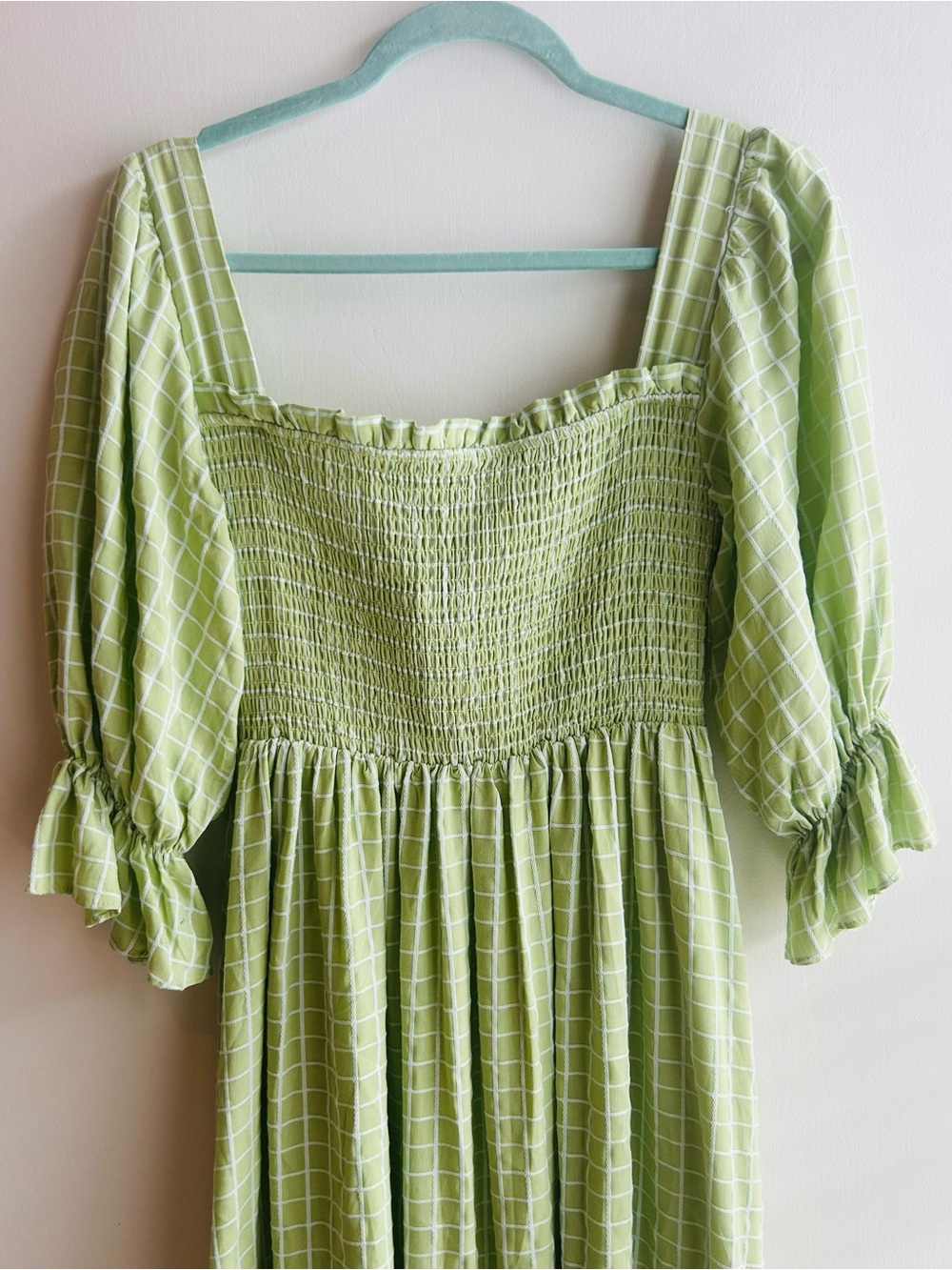 Aura Light Green Smocked Top with White Grid